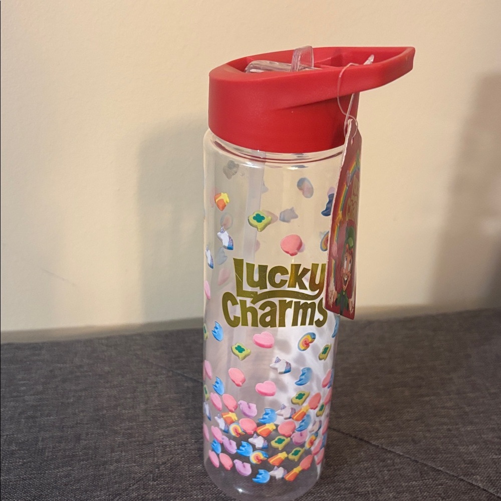 Lucky Charms Clear Water Bottle with Red Lid New Never Used ***FLAW**Candy dish